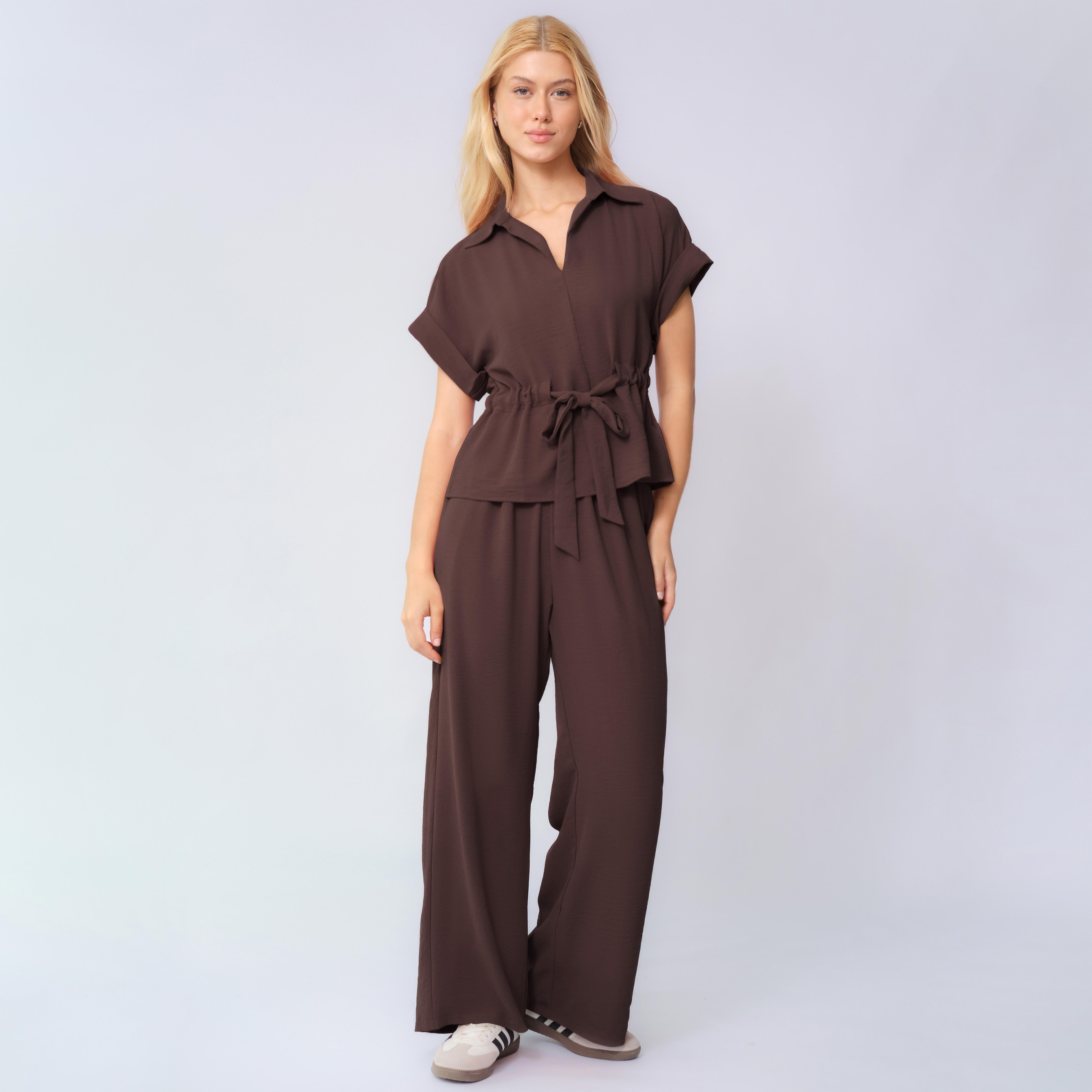Two-Piece Set Women's Solid Versatile Minimalist Collared Top & Wide Leg Trousers, Casual Rolled-Up Short Sleeve Top & Pants for Daily Wear, Ladies Clothes for All Seasons, Suits