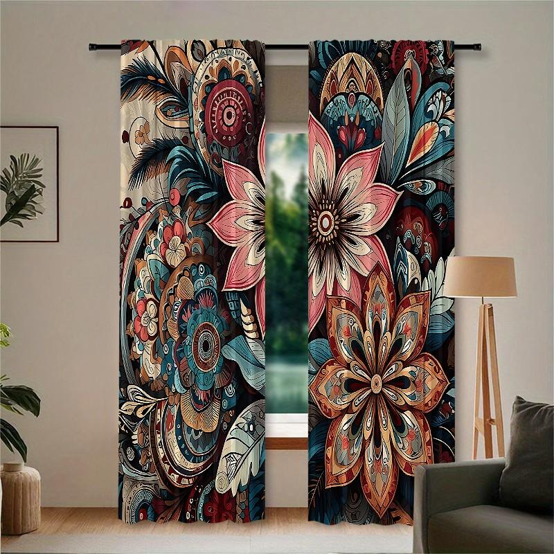 2 pieces of retro mandala-style floral printed curtains, made of polyester with semi-transparent texture, machine washable, suitable for bedrooms, living rooms and home decoration curtains.