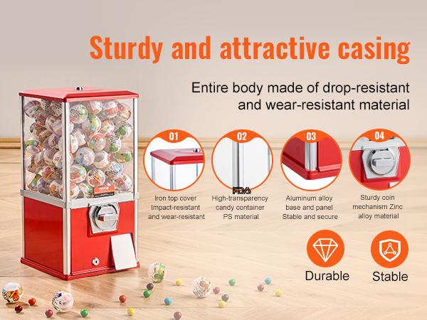 VEVOR Gumball Machine for Kids, 21 Height Home Vending Machine, PS Bouncy Balls Dispenser, Hold 180 Capsule Toys, Rectangle Bubble Gum Machine for Game Stores, Coin Operated Gumball Bank, Red