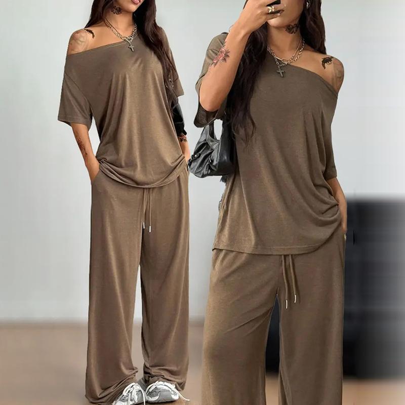 Women Off Shoulder Sweatsuits Oversized Pullover Sweatshirt and Wide Leg Pants Lounge Sets Two Piece Outfits