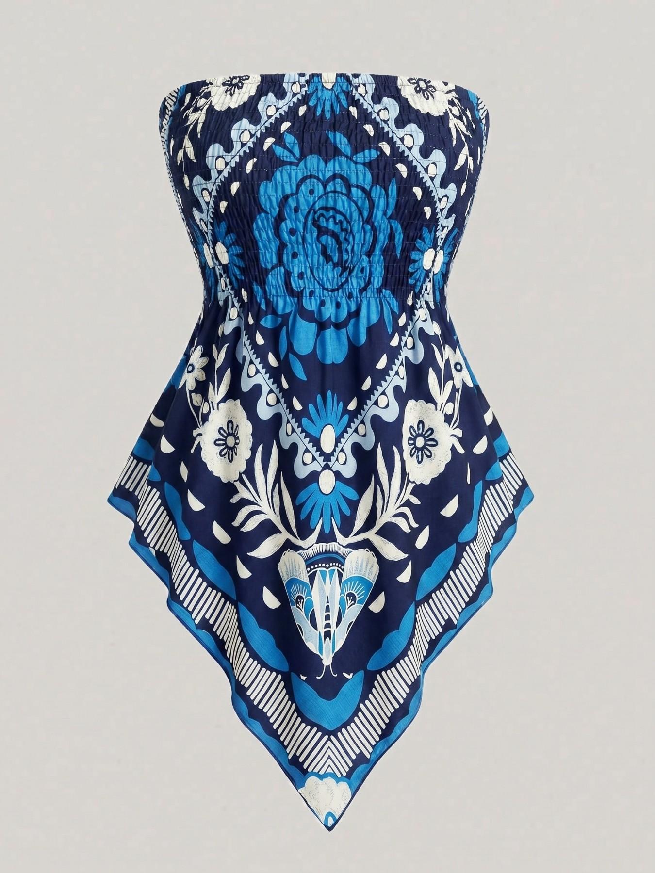 Plus Size Women's Ethnic Print Strapless Top, Bohemian Style Asymmetrical Hem Tube Top, Casual Summer Fashion Top