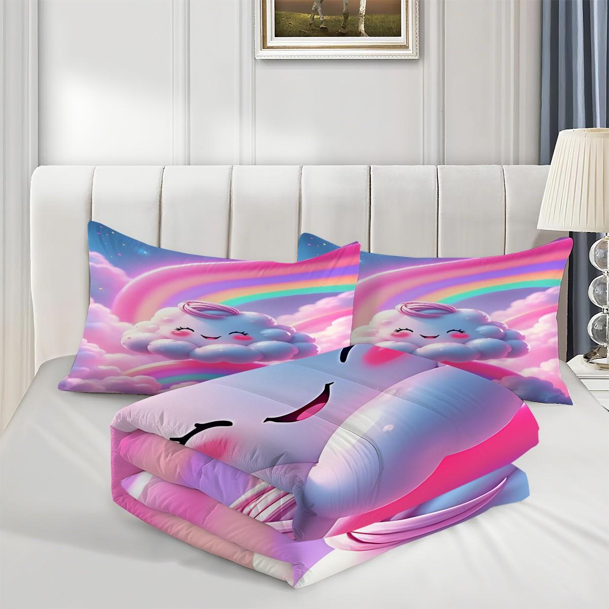 2/3 Dreamy and Cute Style Comfortable Comforter Set, Using Cute Cloud Printed Quilted Bedding Set, Soft and Breathable, Creating A Dreamy Atmosphere for A Girlish Bedroom. Includes 1 or 2 Pillowcases (Excluding Pillow Core).