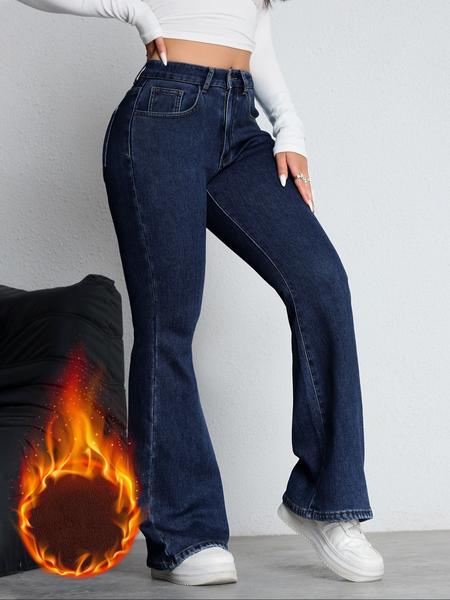 Women's Fleece Lined Thick Denim Flare Pants, Comfortable Winter Fashion Jeans, Elegant Plain Design, All Seasons Wear