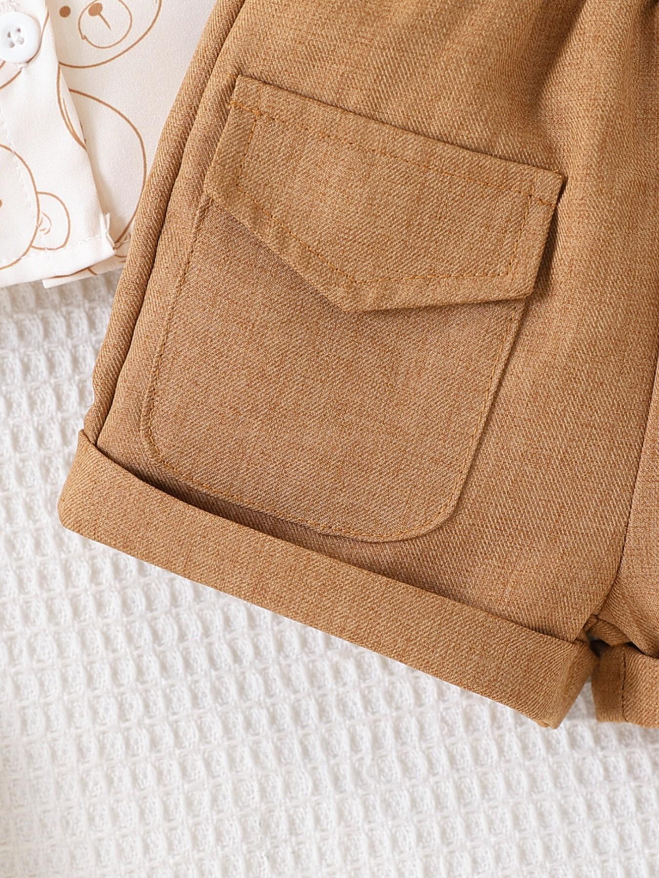 Baby Boy Bear Print Short Sleeve Shirt with Bow Shorts Set, Cute Gentleman Style Summer Comfort Two-Piece, Kids Fashion Clothing