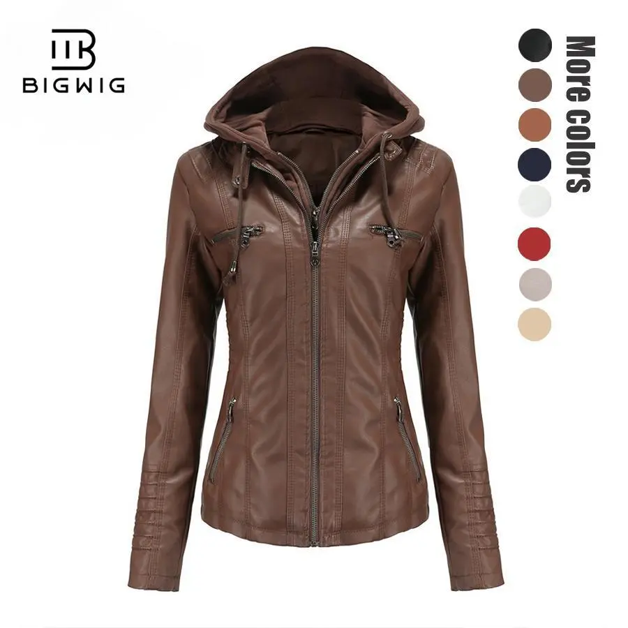 BIGWIG Women's Casual Tops, Cropped Faux Leather Zipper Biker Jacket Coat with Detachable Hood and Stand Collar, Coats