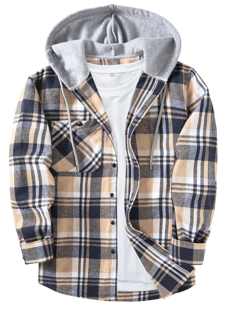 【Plus Size】 Plaid Print Button Front Drawstring Hooded Shirt, Casual Regular Fit Long Sleeve Pocket Top for Daily Wear, Men's Clothing for All Seasons