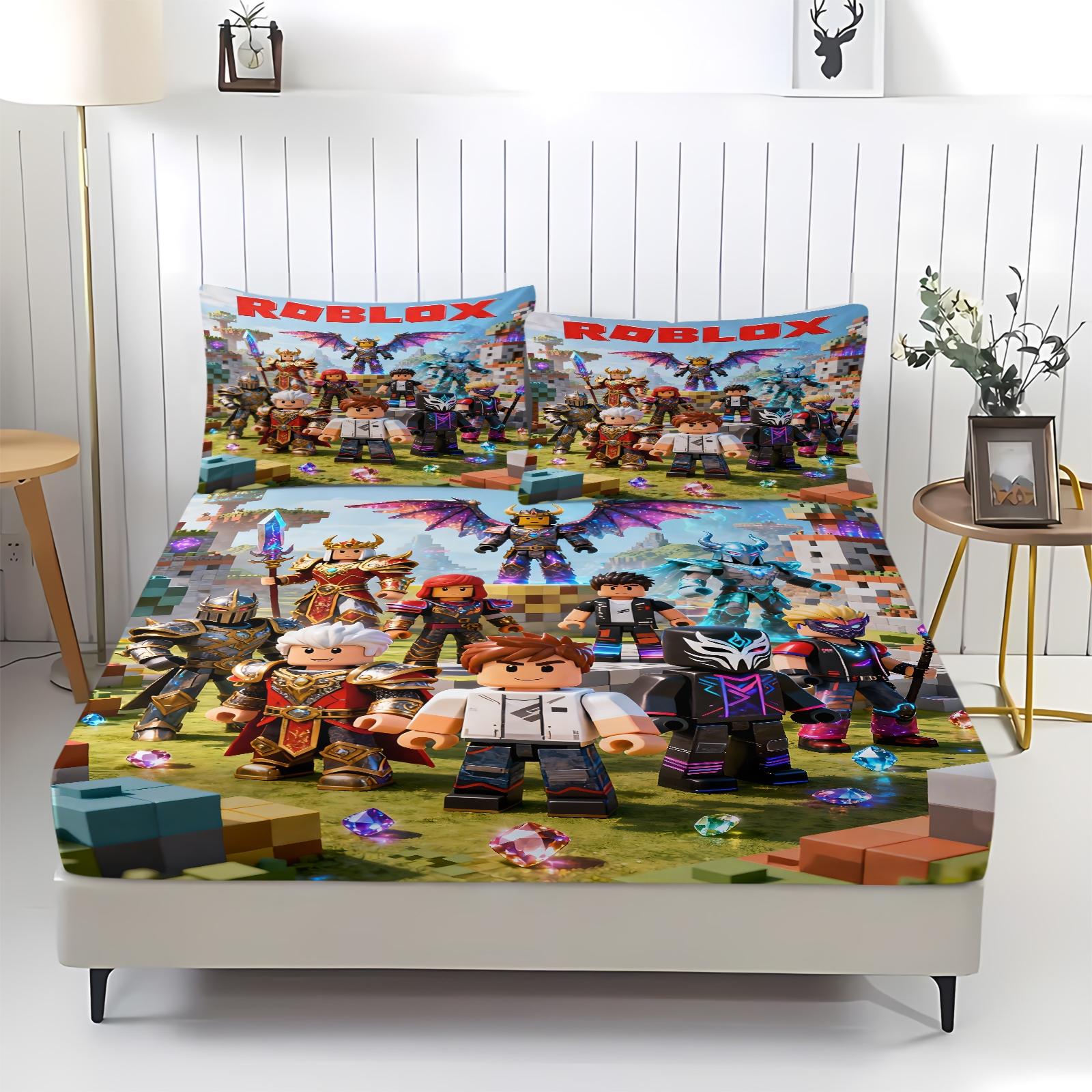 3-Piece Roblox Pattern Bed Sheet with Comfortable Printed Pattern, Includes 1 Bed Sheet and 2 Pillowcases, Comfortable Bedding, Non Slip Dust Cover Suitable for Bedroom and Guest Room, Bedding Set