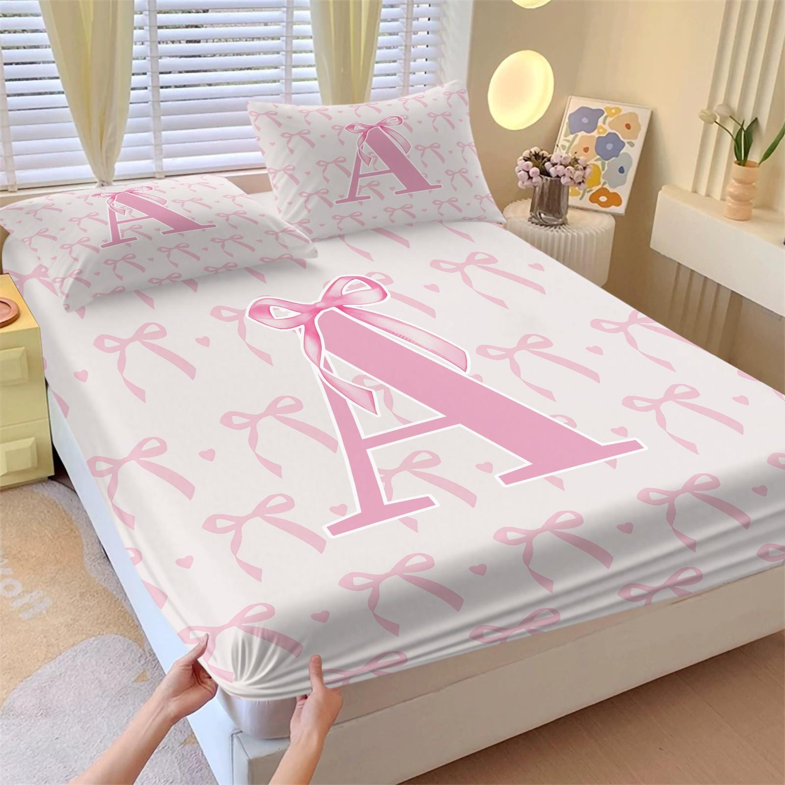 3Pcs Pink Bow Fitted Sheet Set, Custom Initial Sweet Print, Breathable Non-slip Fit, Ideal for Bedroom Dorm Home Decor