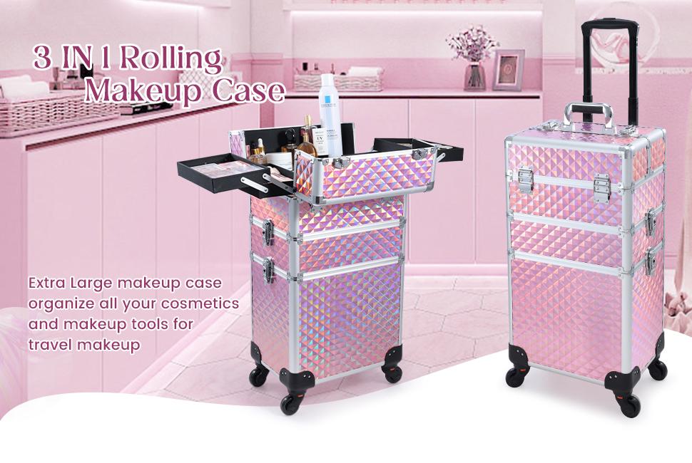 3 in 1 Rolling Makeup Train Case Large Cosmetic Trolley Salon Barber Case for Make Up Hairstylists Nail Tech Aluminum Makeup Trolley Case