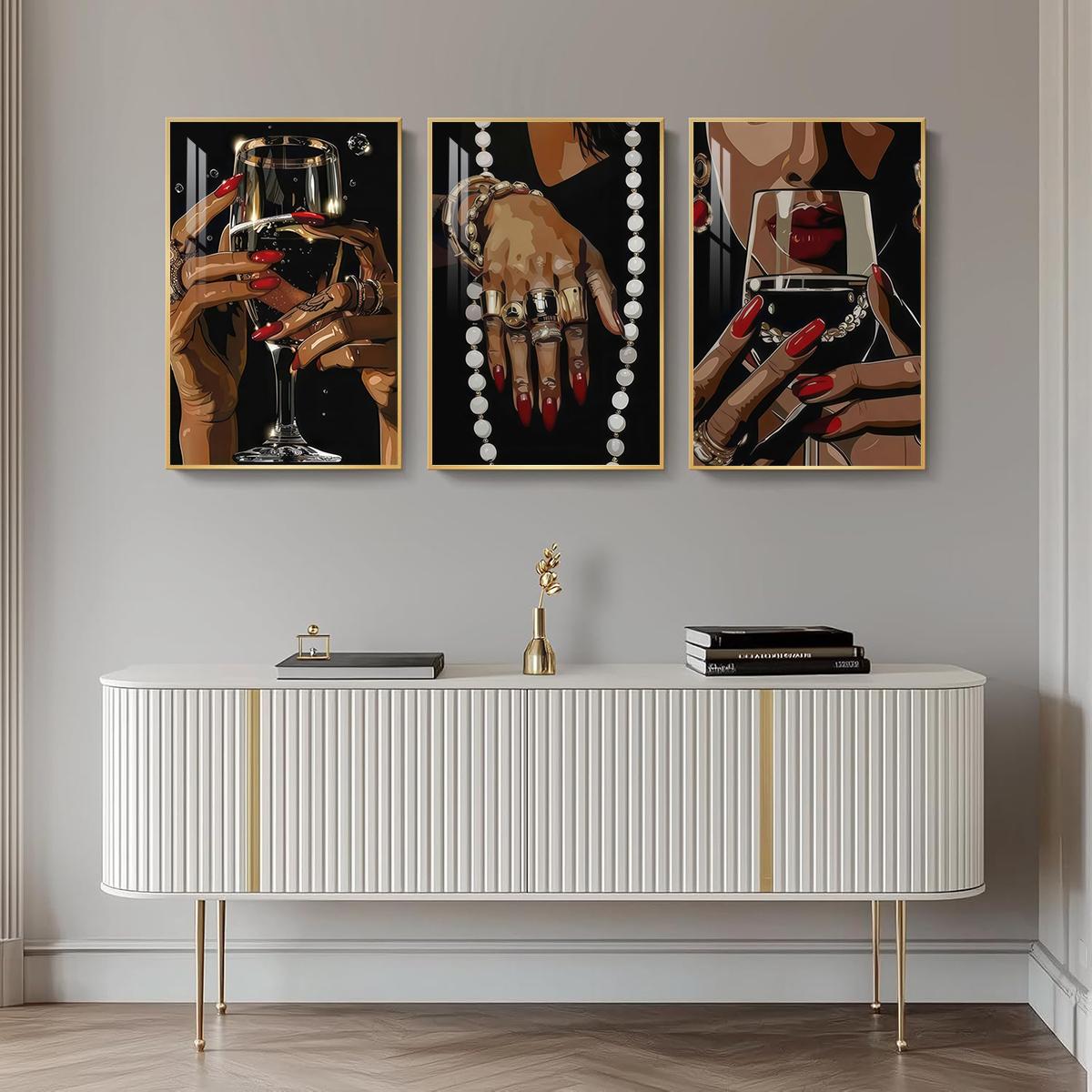 3 Counts Aluminum Alloy Framed Painting, Elegant Woman Hands With Wine Glass And Jewelry Pictures, Home Decoration For Living Room, Bedroom, Office, Restaurant, Hallway Wall Decor, Odorless Print Artwork, Luxury Perfect Gift For Friends And Family