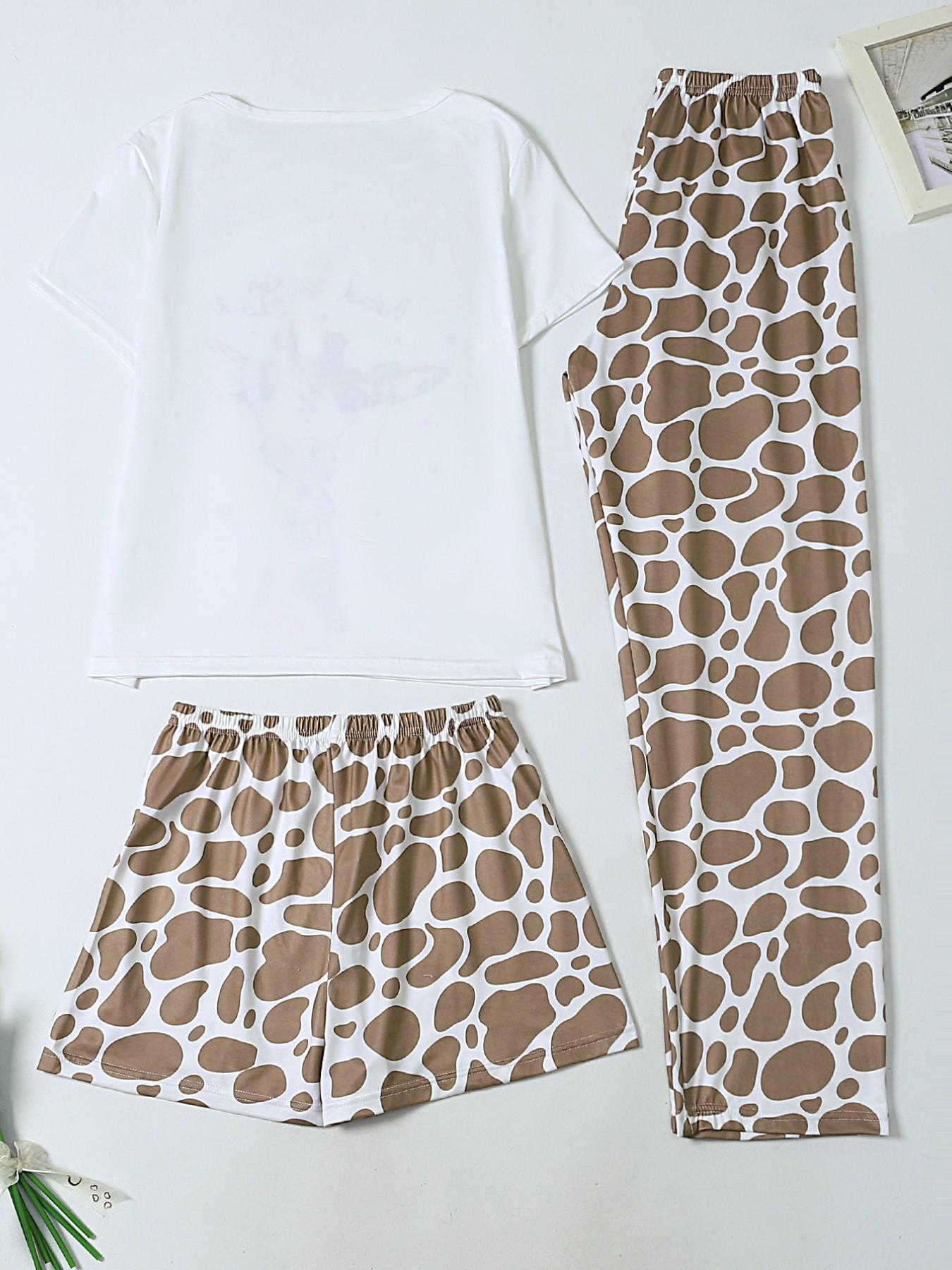 Women's 3-Piece Pajama Set, Round Neck Short Sleeve, Elastic Waist, Giraffe Print, Breathable Milk Silk Fabric, Casual Summer Sleepwear