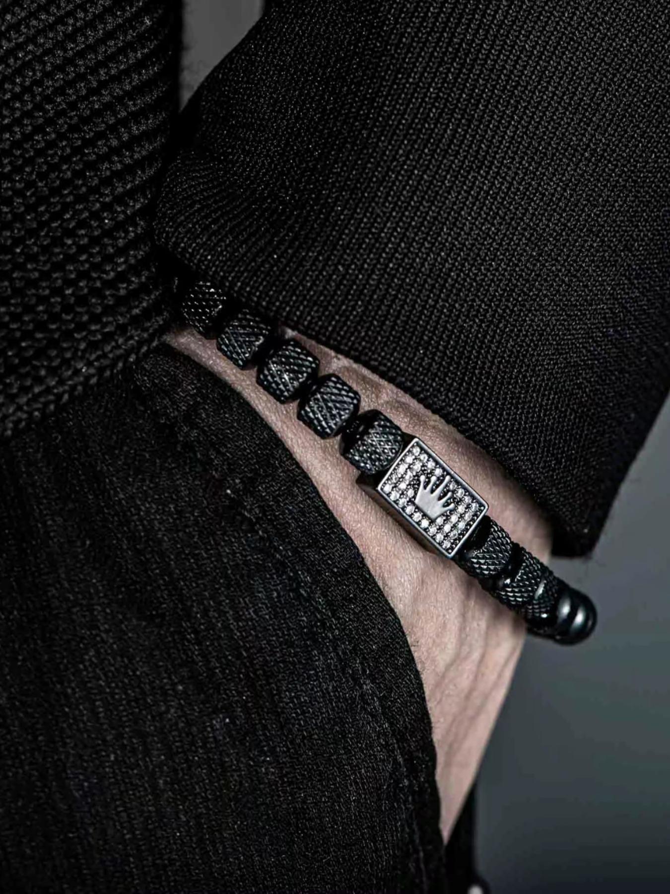 Vintage Stainless Steel Beaded Zircon Crown Bracelet, Adjustable Casual Men's Party Wristband, Chain Print, All Seasons