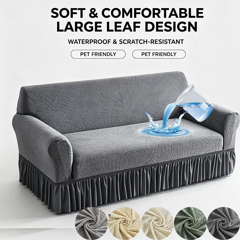 Water Repellent Stretch Sofa Cover, Ruffle Skirt, Leaf Jacquard, Anti-Slip, Pet & Kids Friendly, Furniture Protector for 1/2/3 Seater, Washable Elastic Sofa Slipcover