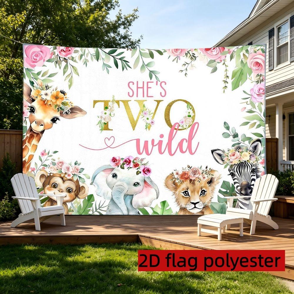 2D Flat 1PC Polyester She's Two Wild Backdrop Safari Animal Watercolor Floral Decor for Indoor & Outdoor Themed Party, Jungle Gathering, Photo Booth, Wall Decor, Home Decoration, Event Background, Available in Multiple Sizes