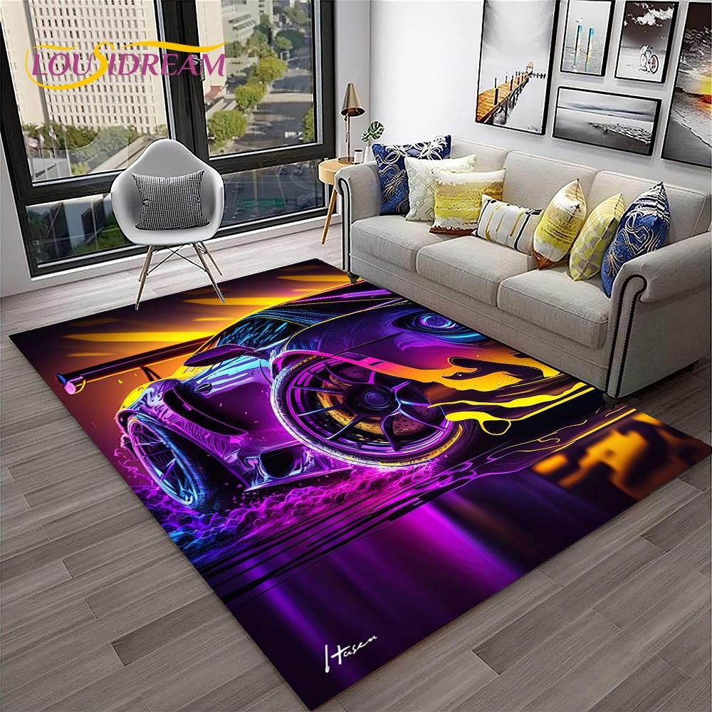 Blue Sports Car Flannel Area Rug - Cool Graffiti Style Supercar Print Soft Mat for Living Room & Garage, Non-Slip Car Enthusiast Home Decor#SportsCarRug #GraffitiSupercarMat #CarEnthusiastDecor #GarageCarpet #NonSlipFlannelRug