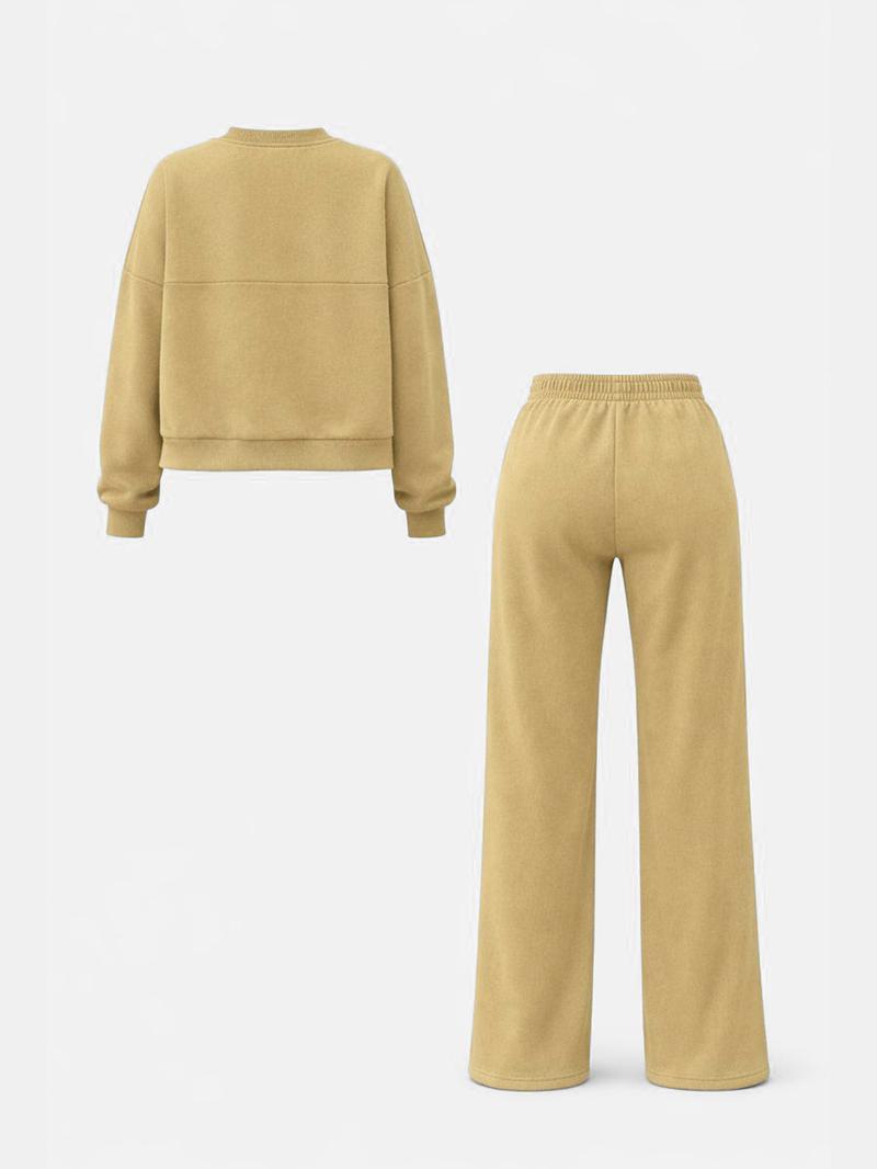 Women's Solid Zip Up Crop Jacket & Drawstring Waist Pants Two-piece Set, Casual Fashion Drop Shoulder Long Sleeve Top & High Waist Trousers for Daily Outdoor Wear, Women's Clothing for Spring & Fall