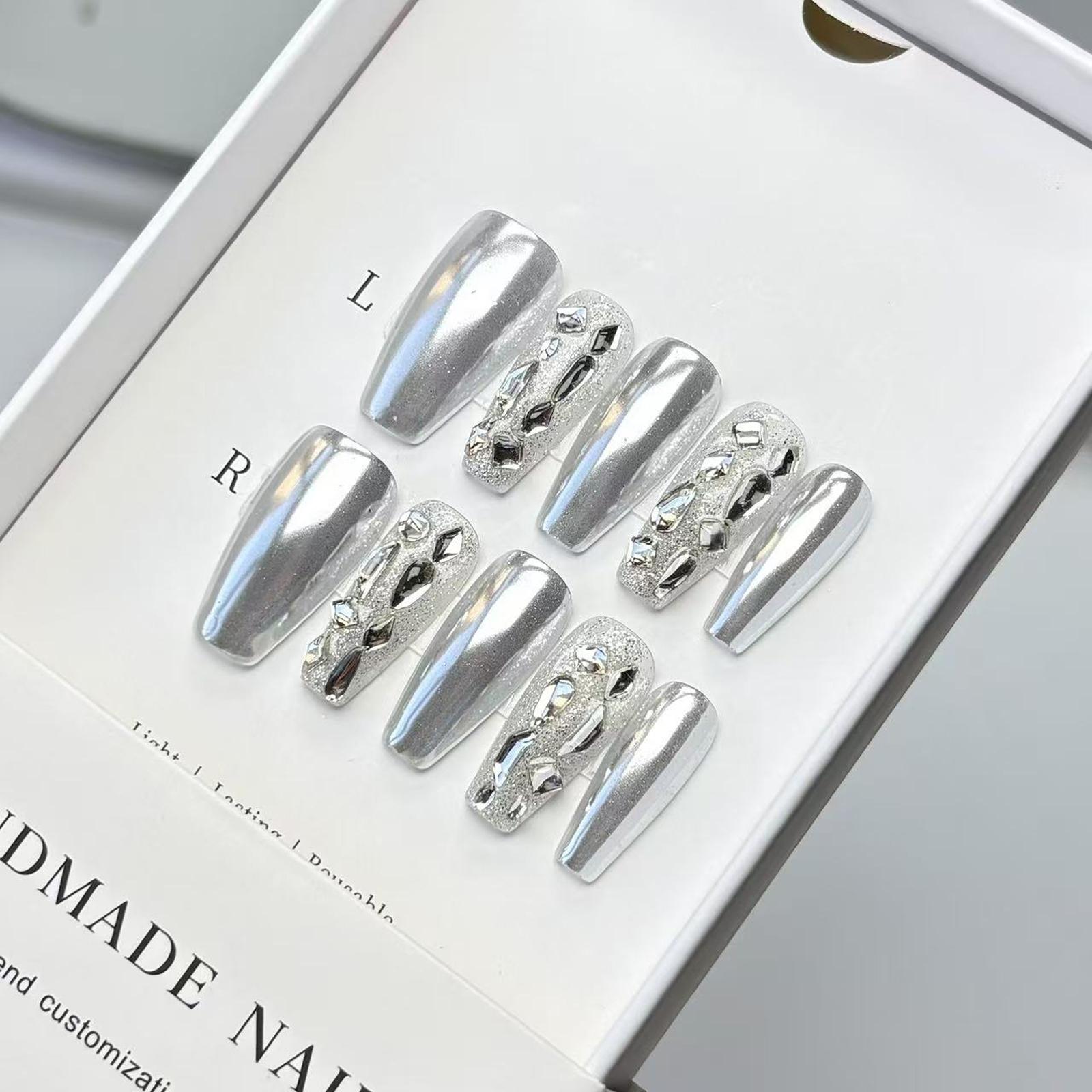 Obsessed With This Edgy Vibe! Custom Full Chrome Silver Press On Fake Nails, Exquisite Hand-Pailed Sparkling Mixed Rhinestone Design, TikTok Viral Hit