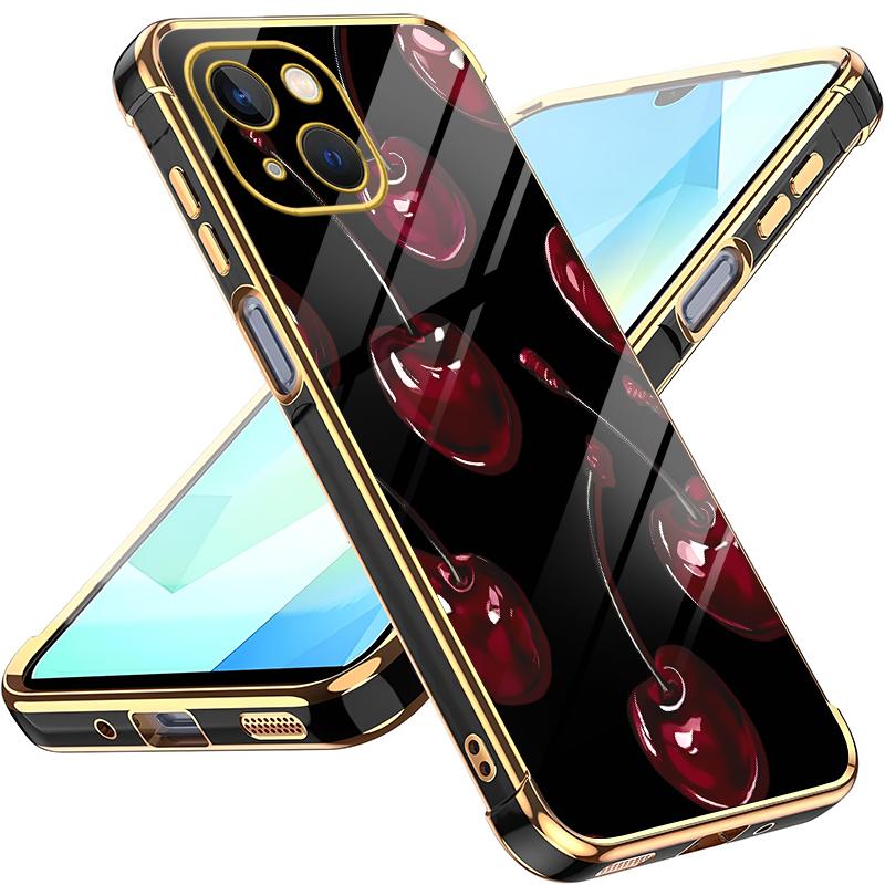 Vintage Cherry Coquette Phone Case, Glossy Dark Fruit Aesthetic, Gold Edges, Soft Cover for iPhone 15 — 975