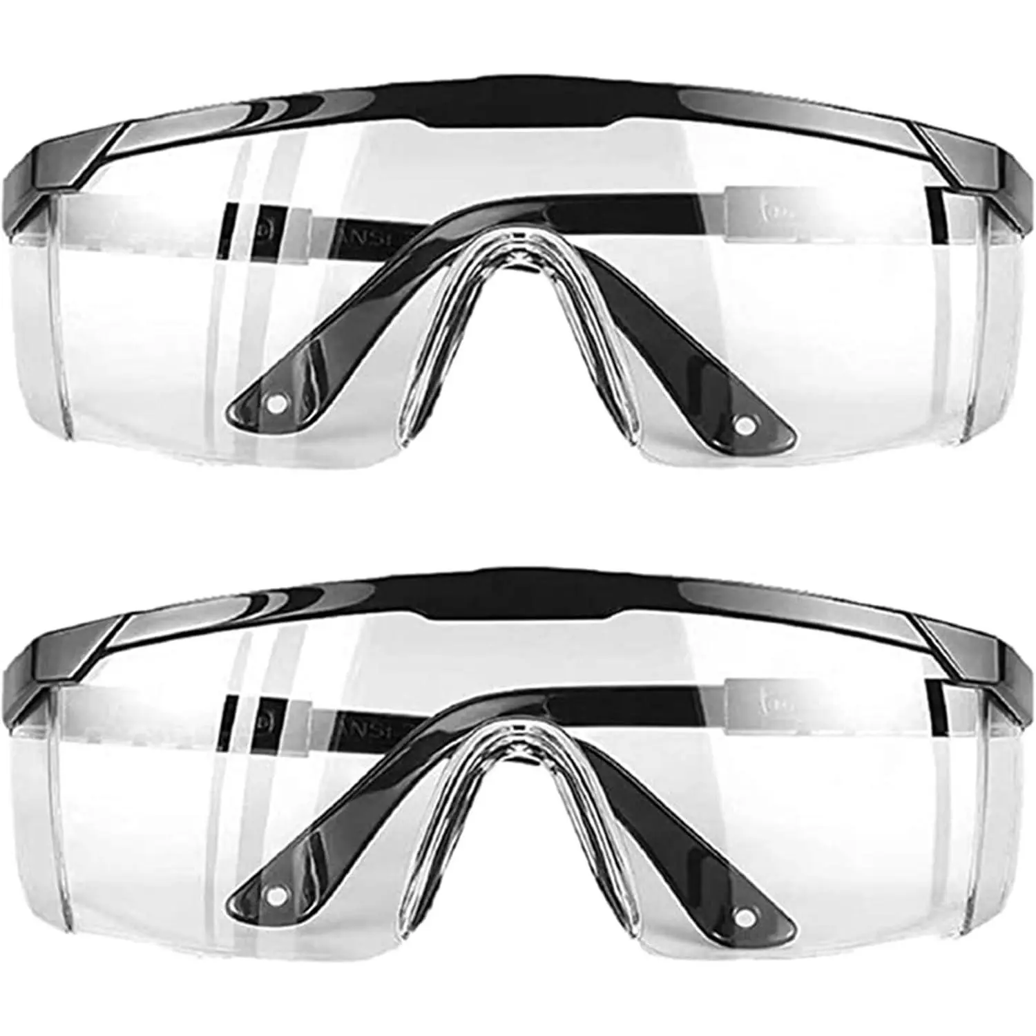 Safety Glasses Goggles (2 Pack) Shatter Proof, ANSI Z87.1 & EN 166 UV Resistant, Wide Frame Scratch Resistant Eye Shield, Black Frame, Wear over Glasses, Adjustable Temples, Unisex