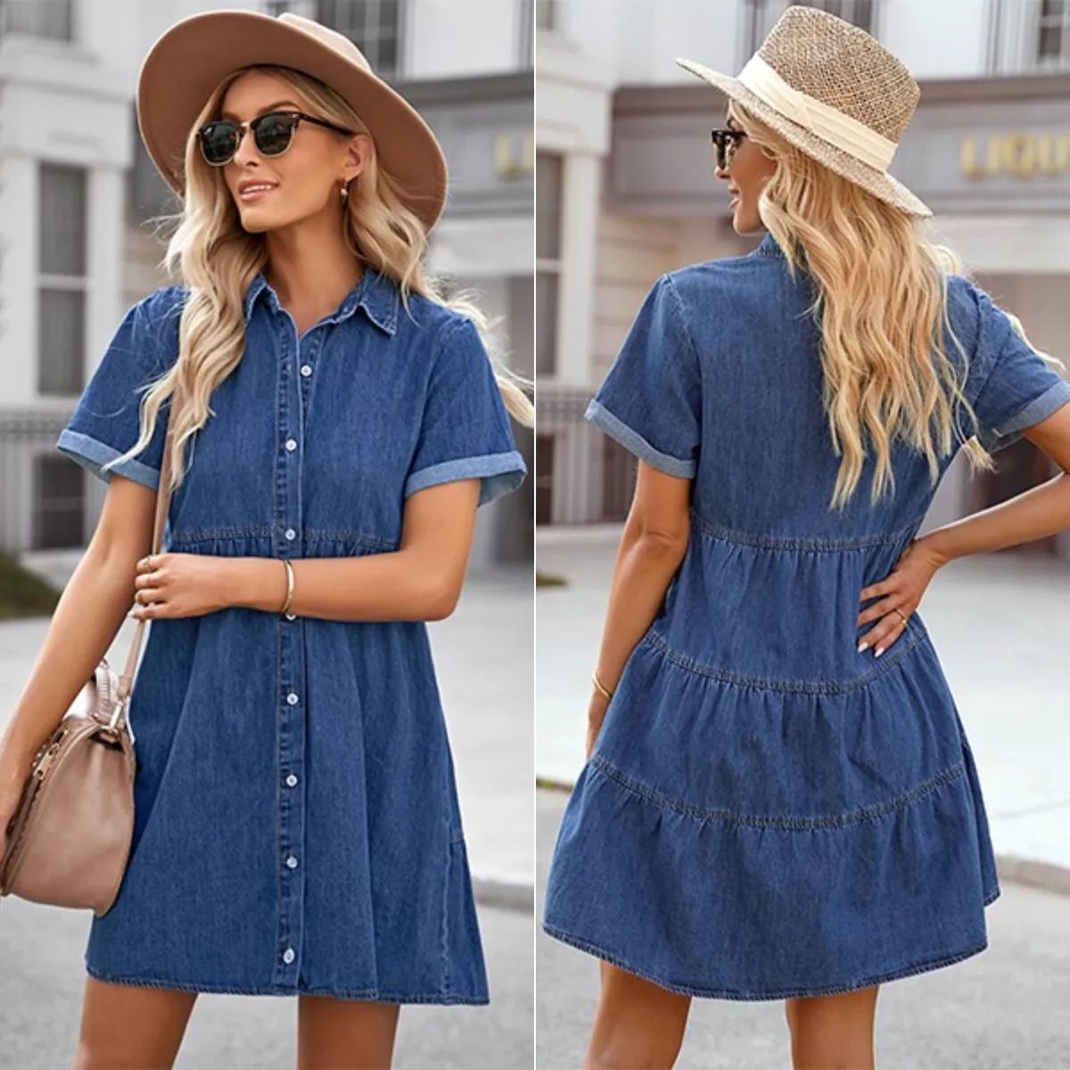 MIDIROSS Women's Short Sleeve Button Down Flowy Tiered Babydoll Denim Dress