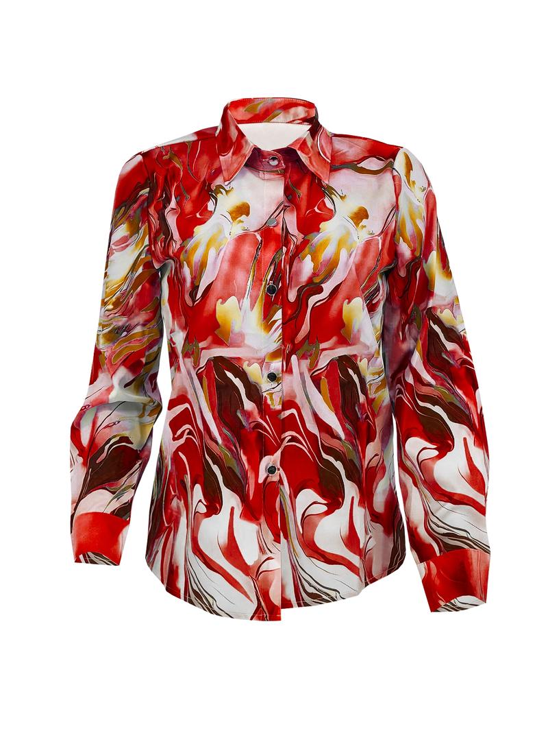 Women's Random Print Curved Hem Satin, Casual Long Sleeve Button Front Collared Blouse Top for Daily Wear, Ladies Clothes for All Seasons