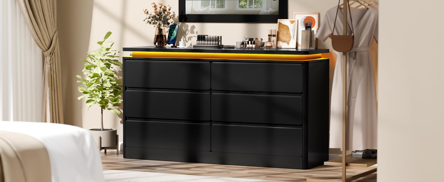 Modern 6 Drawer Dresser with Power Outlet, LED Light, Modern Chest of Drawers for Closet, Double Wide Drawer Organizer Cabinet