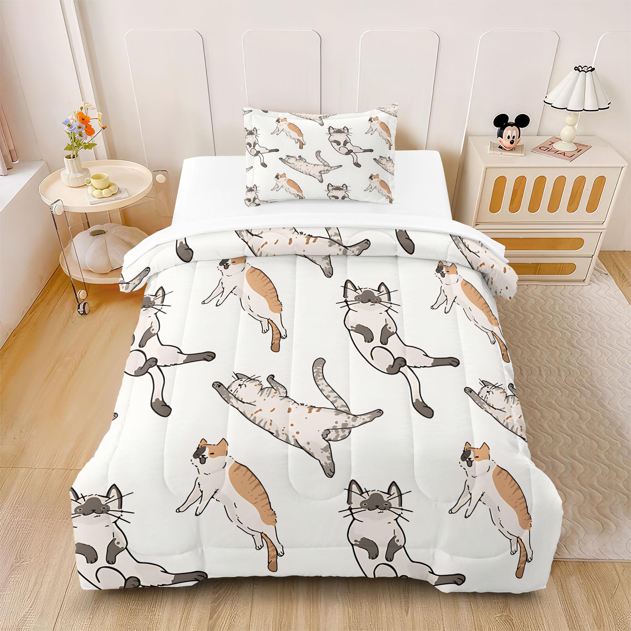 2/3 Pcs Funny Cute Cat Digital Print Comforter Set, Cartoon Kitten Themed Bedding Set, Soft Warm Breathable & Fade Resistant, Perfect for Cat Lovers Bedroom Dorm Guest Room Decor, All Season Cozy Use - Without Pillow Insert