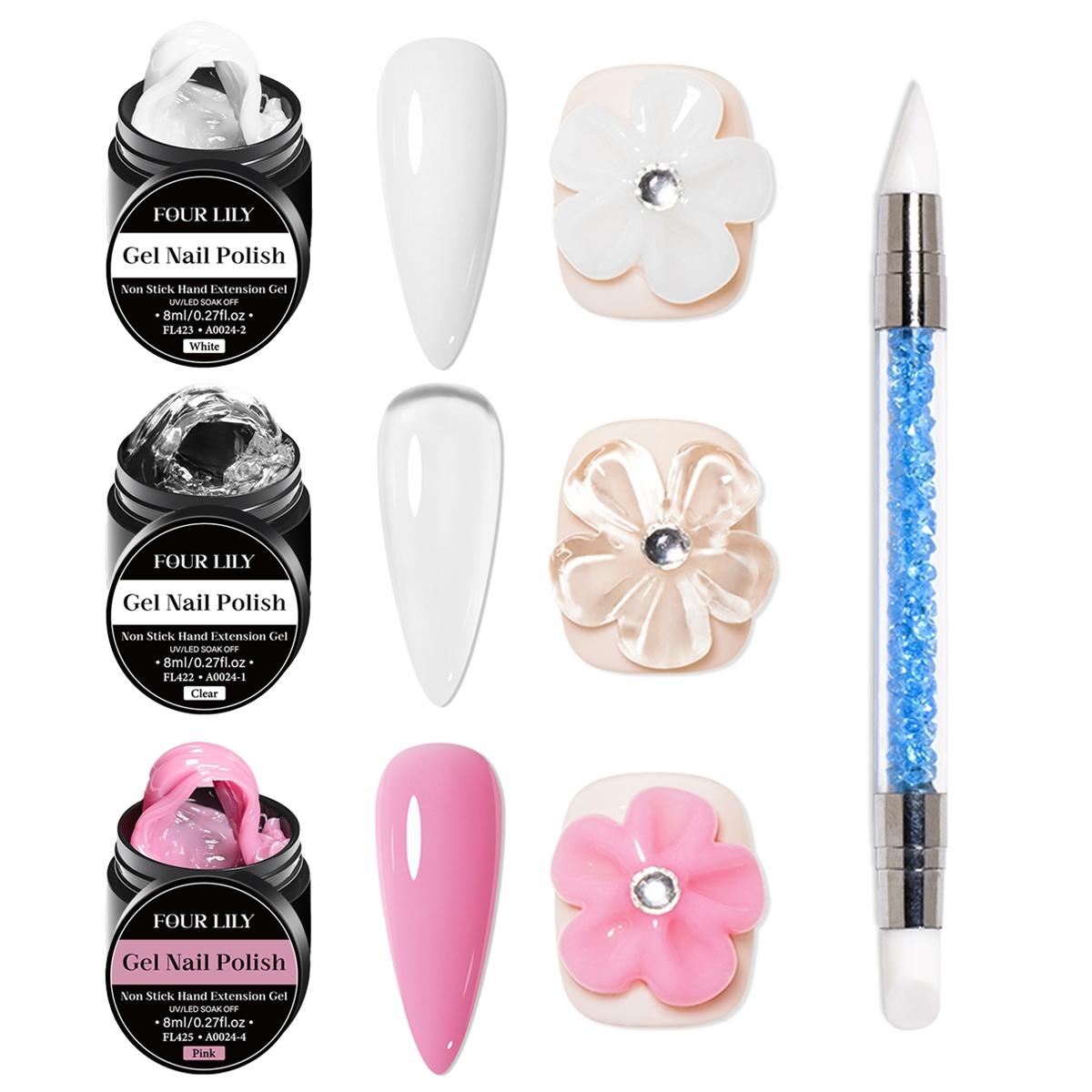 FourLily 4pcs Non-stick Solid Gel Set with Double-headed Pen, 3D Gel Nail Set for Gel Nail Embossing, Shaping and Sculpting with Stereo Nail Shaping Gel, Builder Nail Gel, Clear White Pink Nail Extension Gel, Uv Gel Manicure