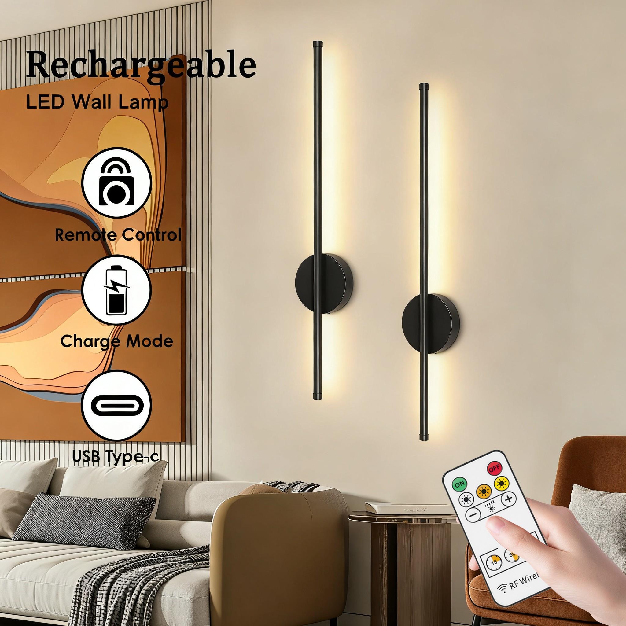 Wireless Wall Lamp, 19.69-inch Black Line Wall Lamp, Touch and Remote Control Switch, 2-Way Installation, For Bedrooms, Staircases, Hallways, Living Rooms, Indoor Lighting Fixture
