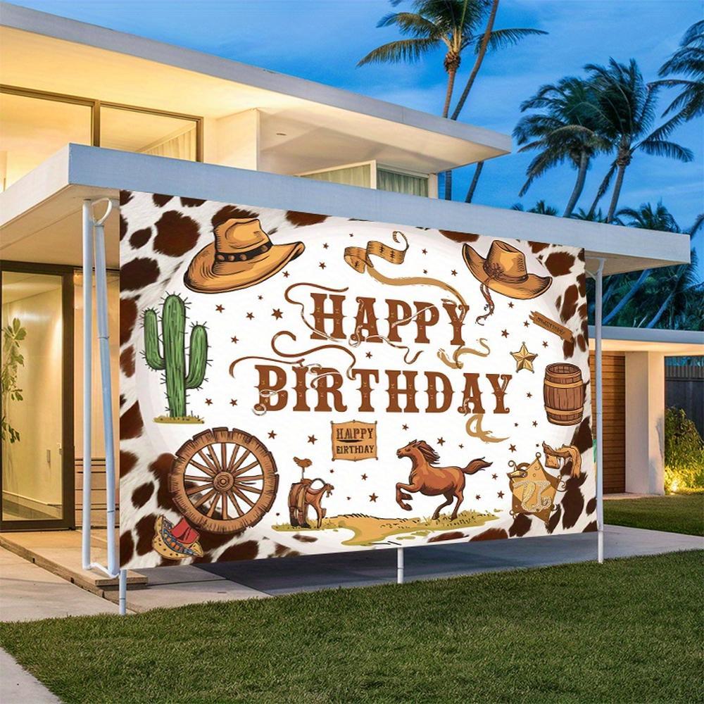 1pc Western Cowboy Birthday Party Banner - Vibrant Polyester Backdrop with "HAPPY BIRTHDAY" Text, Cacti, Horseshoes, and Cowboy-Themed Illustrations for Home, Room, or Wall Decor, Perfect for W