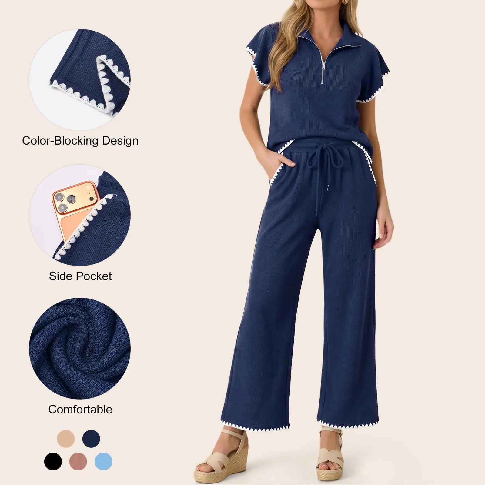 Imily Bela Scalloped Trim Waffle Knit Two Piece Set Women Half‑Zip Top & Wide Leg Pants Casual Lounge Outfit