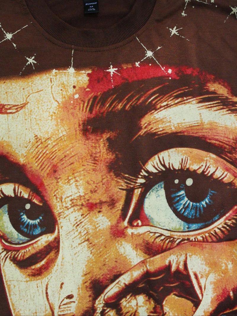 Men's Vintage Street Style Saint Print Long Sleeve Round Neck T-Shirt, Loose-Fitting Short Fit, Fall 2000s Fashion