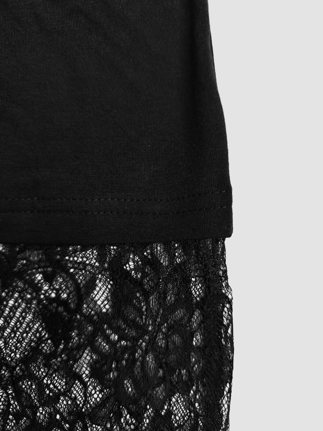 Women's Two-Layer T-Shirt Dress, Womenswear, Crew Neck, Oversized Short Sleeve Knitted Outer, Patchwork, Sheer Floral Lace Midi Underlayer, Soft Breathable Fabric, Casual Daily, Date Night & Party Wear, Edgy Dark Feminine Style