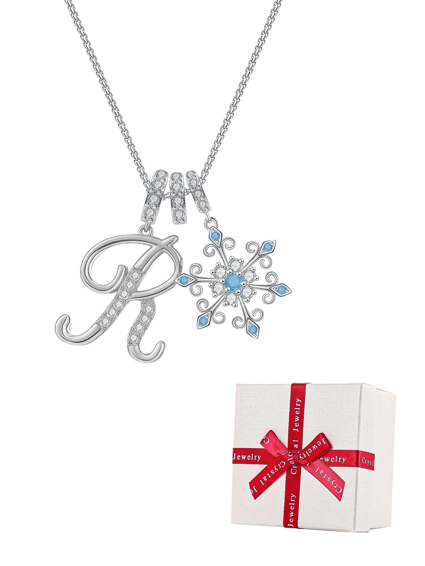 Snowflake Initial Necklace with Blue Rose Jewelry Box, Included Jewelry Box, Letter Pendant for Women, Birthday Christmas Gift for Wife Mom Girlfriend Daughter