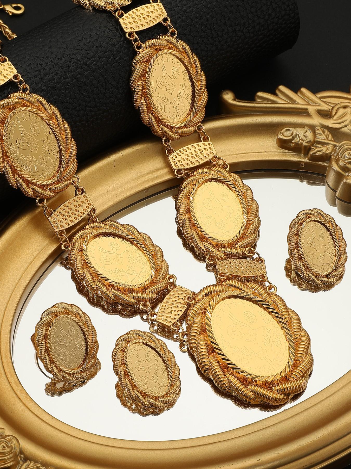 Vintage Turkish Oval Gold Coin Jewelry Set, 18k Gold Plated Luxury Exotic Accessories, Casual Stainless Steel Chain, All Seasons