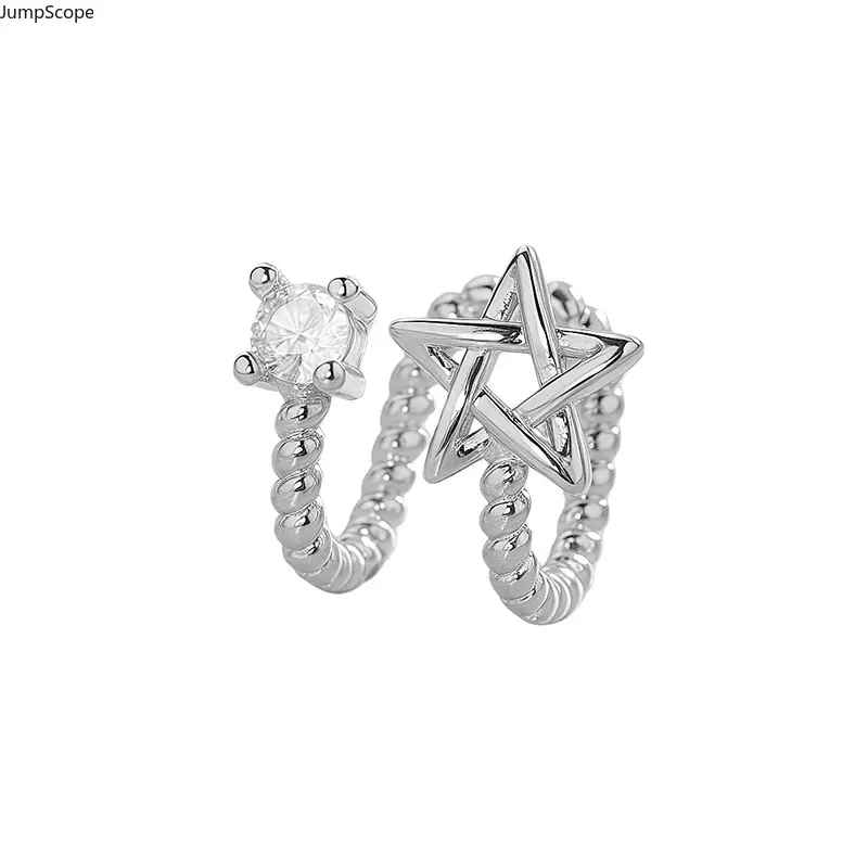 Silver Twist Hollow Star Cuff Earring No Piercing Required, Dual Layer Open Pentagram Cubic Zirconia Clip On Ear Cuff, Ins Street Trendy Minimal Cool Fashion Non-Pierced Ear Jewelry For Women Teen Street Party Gift Single Sale