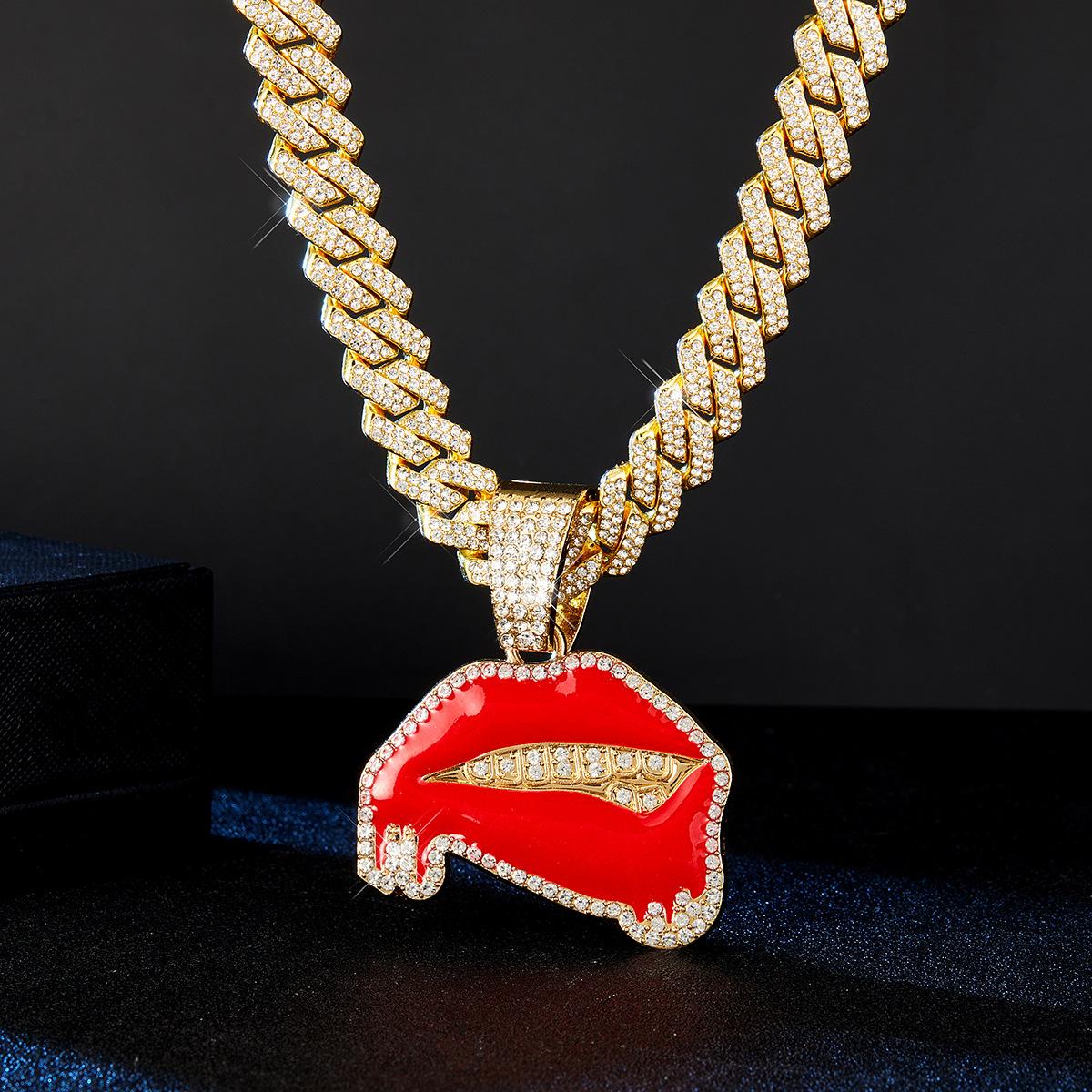 Diamond-studded oil-drip sexy red lip pendant hip-hop personalized creative alloy Cuban chain necklace