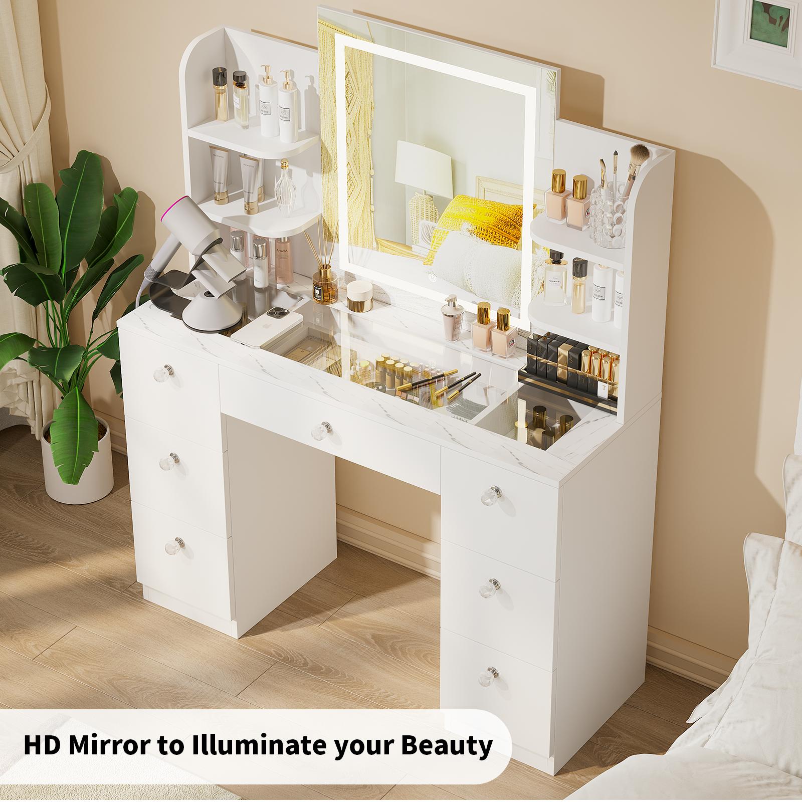 VOWNER Modern Makeup Vanity Table Set with 3-Color LED Mirror 7 Drawers & Power Strip for Bedroom & Bathroom 43-Inch White Dressing Table