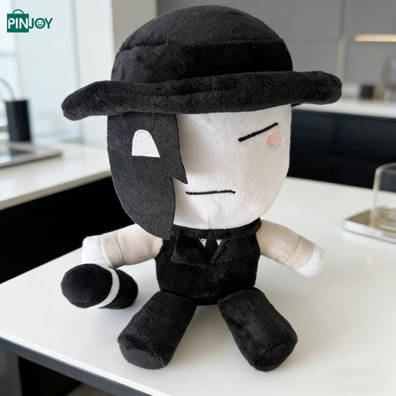 Black and White Masked Character Stuffed Doll, Video Game Inspired Collectible Desk Decor for Fans, Boys & Girls