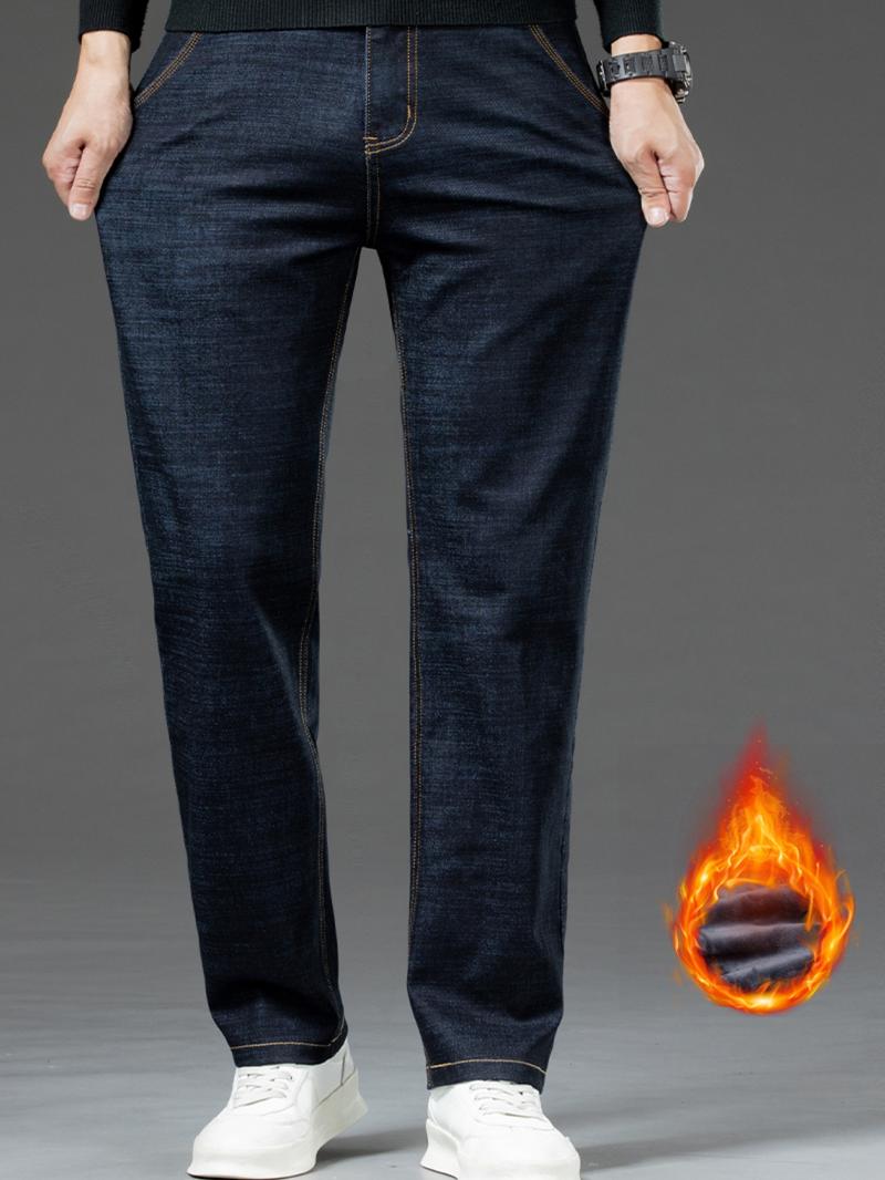 Men's Fleece Lined Denim Jeans, Loose Straight Leg Long Pants, Warm Cotton Elastic Fashion for Fall & Winter
