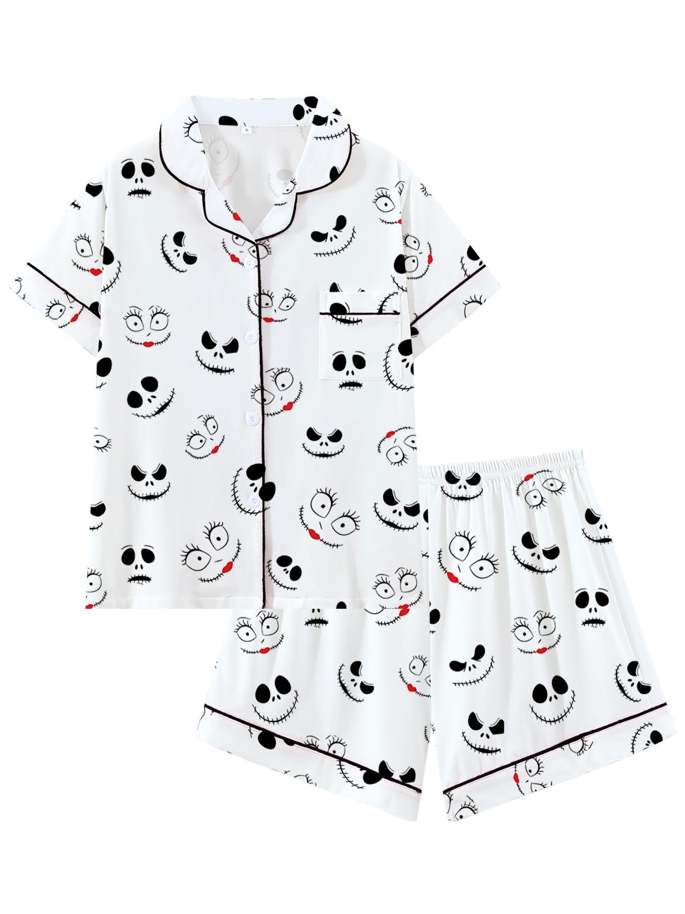 Creepy Cute Skeleton Halloween Pattern Short Sleeve Pajama Set, Spooky Stitched Face Graphic Sleepwear with Black Piping, Goth Style Summer Loungewear Set, Fun 2-Piece PJs