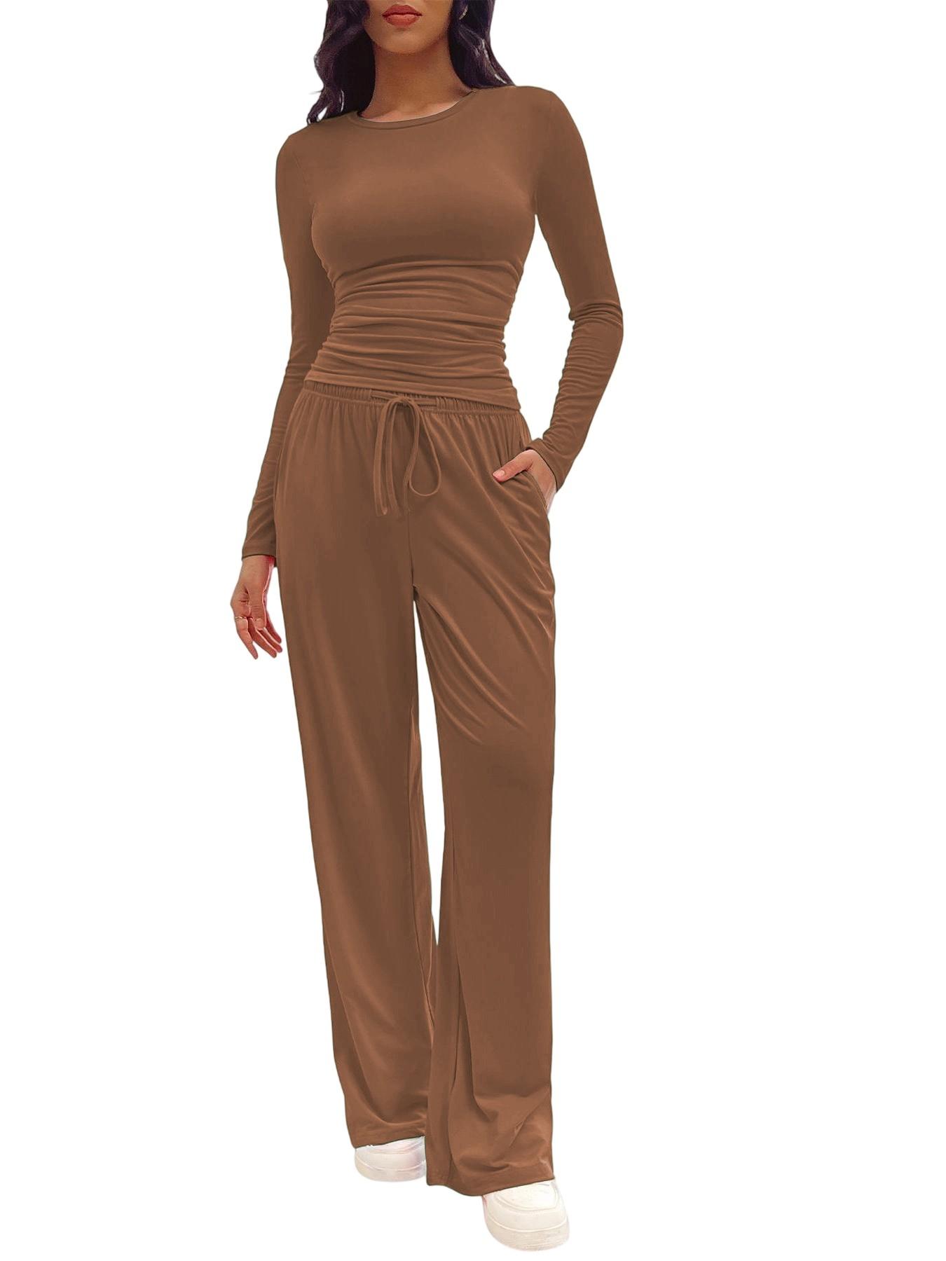 Women's Solid Ruched Drawstring Loungewear Set, Casual Long Sleeve Round Neck Top & Pocket Wide Leg Trousers, Ladies Sleepwear for All Seasons