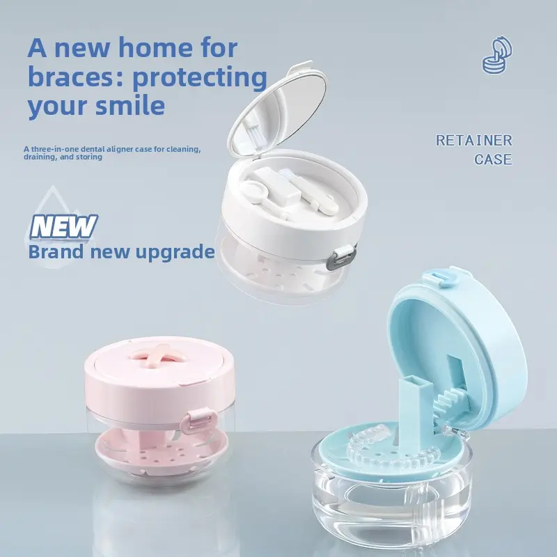 Retainer Cleaning Case with Drain Tray, Soaking & Storage Container with Mirror and Cleaning Brush, Portable Dental Care Case for Retainers, Aligners, Dentures & Travel