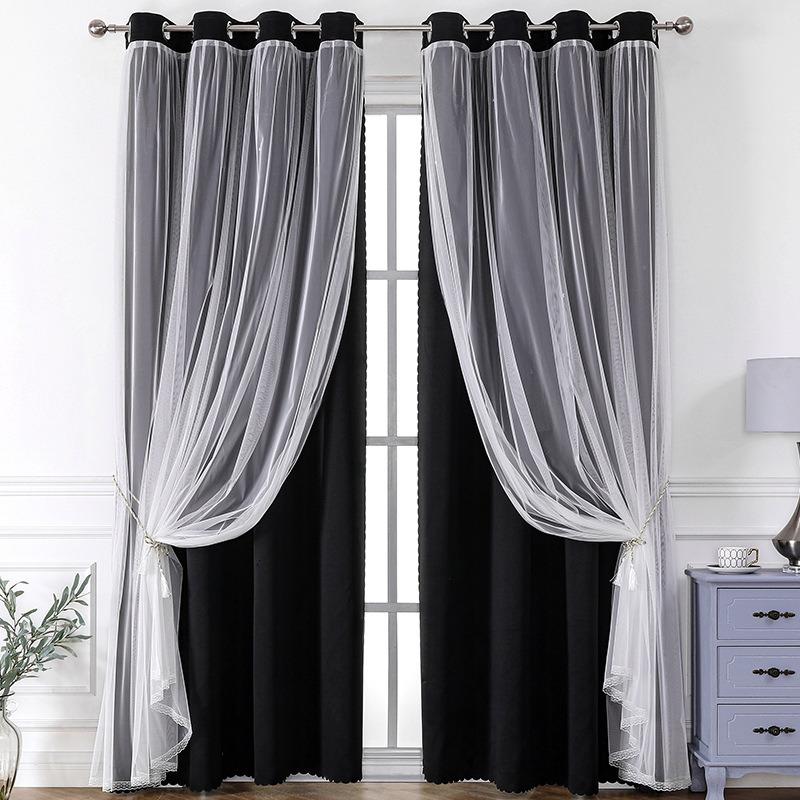 French Romantic Aesthetic Two-Layer Cloth Light-Blocking Finished Curtain, Fashionable Hole Drapery for Living Room, Stylish and Trendy Window Covering, Home Textile