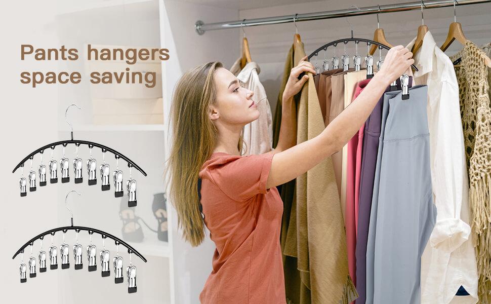 Closet Leggings Storage Rack, Metal Yoga Pants Hangers 1/2/3/4/5 Pack with 50 Clips, Holds 50 Pairs of Leggings, Hanger Space Saving Hanging Closet Storage Rack with Rubber Coated Wall Storage Rack and Storage Rack, Black