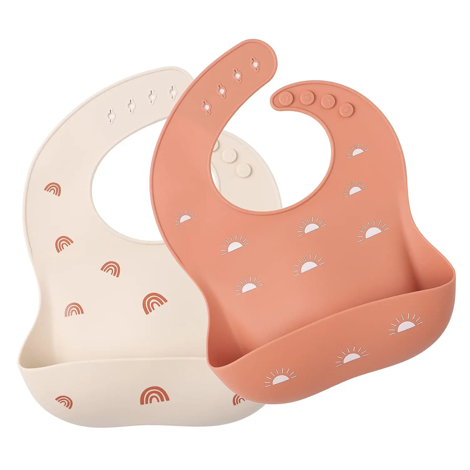 Baby Silicone Bibs 2 Sets Baby Bibs with Food Catcher Girls Boys Toddlers BPA Free Waterproof Soft Durable Adjustable Babies-Shifting Sand/Pale Mauve