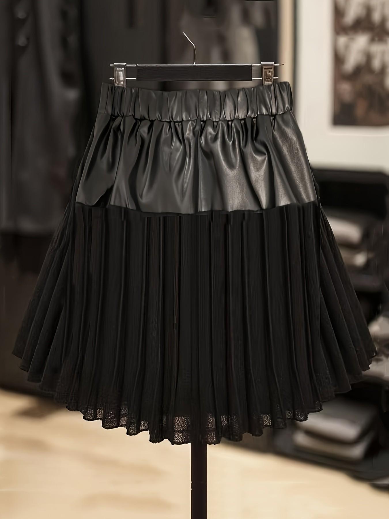 Elegant Women's High-Waisted Short Skirt, Leather and Mesh Patchwork Pleated Skirt, Casual Office Fashion, All-Season Wear, Zipper