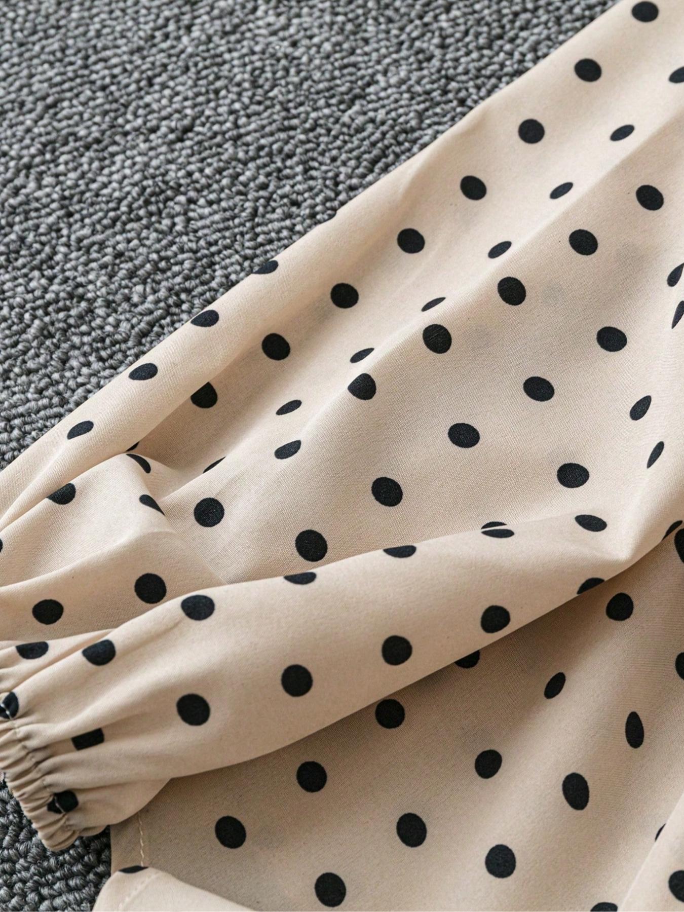 Plus Size Women's Polka Dot Blouse, Fitted Long Sleeve Casual Top for Fall, Comfortable Daily Wear for Holiday, Casual Bishop Sleeve