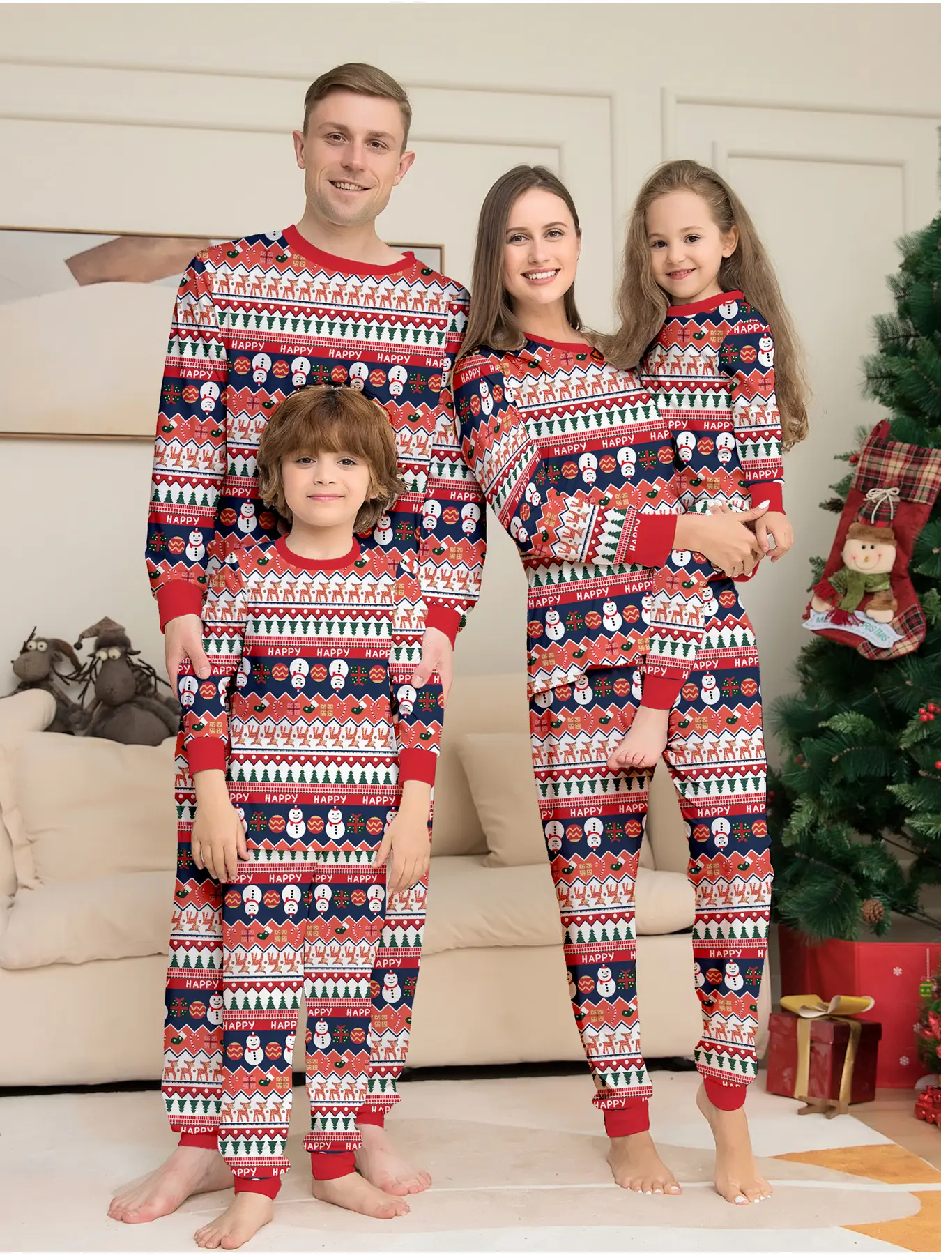 Family Christmas Pajama Set, Nordic Fair Isle Style, Reindeer Snowman Print, Long Sleeve Pants, Soft Breathable Knit, Holiday Home Wear
