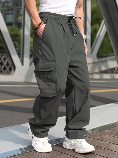 Men's Solid Color Flap Pocket Casual Slant Pocket Drawstring Waist Cargo Pants, Regular Fit Casual Street Straight Leg Trousers for Daily Wear, Men's Bottoms for All Seasons